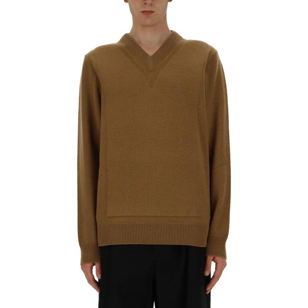 JIL SANDER Men's Ribbed V-Neck Knit Sweater Men Beige Sweaters & Cardigans
